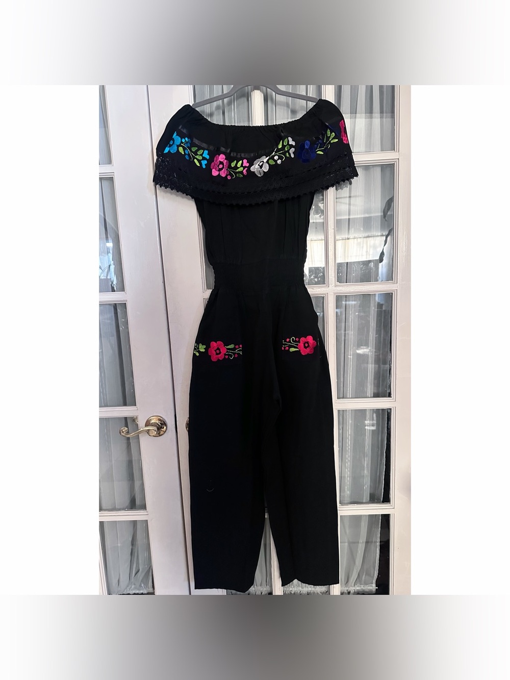 Off-Shoulder Black Jumpsuit with Floral Embroidery